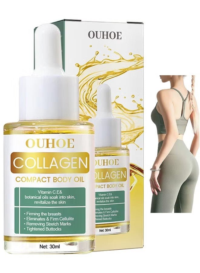 Collagen lifting body oil bottle with dropper and packaging, promoting firm, hydrated, and smooth skin for women.