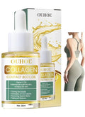Collagen lifting body oil bottle with dropper and packaging, promoting firm, hydrated, and smooth skin for women.