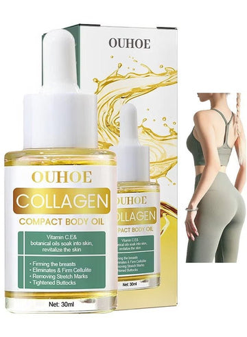 Collagen lifting body oil bottle with dropper and packaging, promoting firm, hydrated, and smooth skin for women.