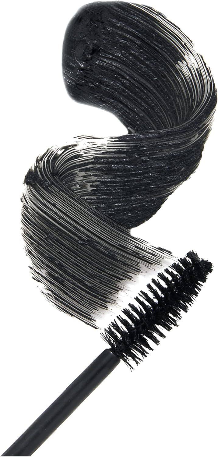 Black 5D mascara brush with thickening and lengthening formula swirl on white background