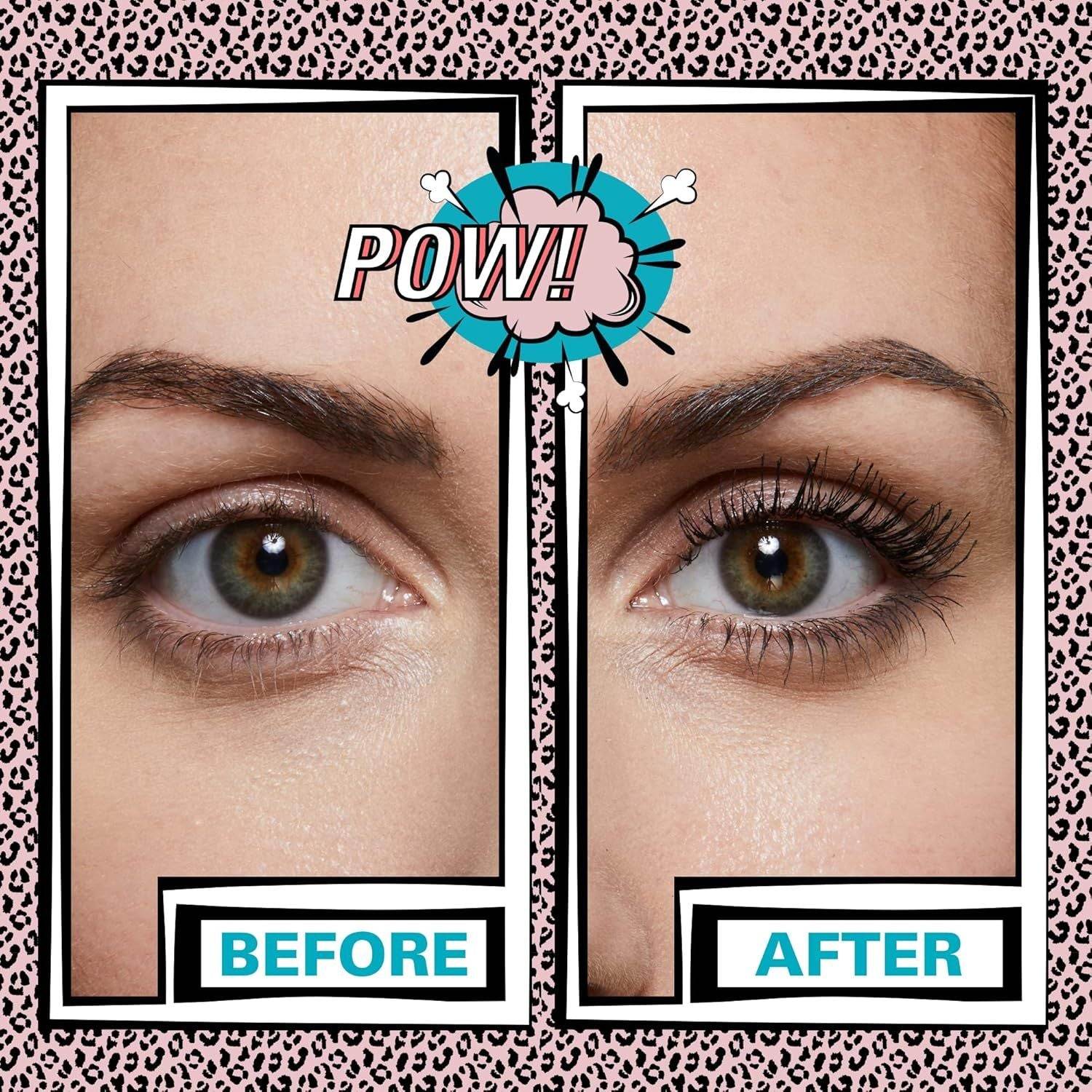 Close-up of an eye showing before and after effects of 5D mascara for longer, thicker, and lifted eyelashes without clumping