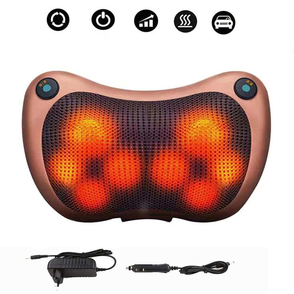 electric neck and body massage pillow with heating and kneading functions, portable design, and adjustable strap for chair attachment