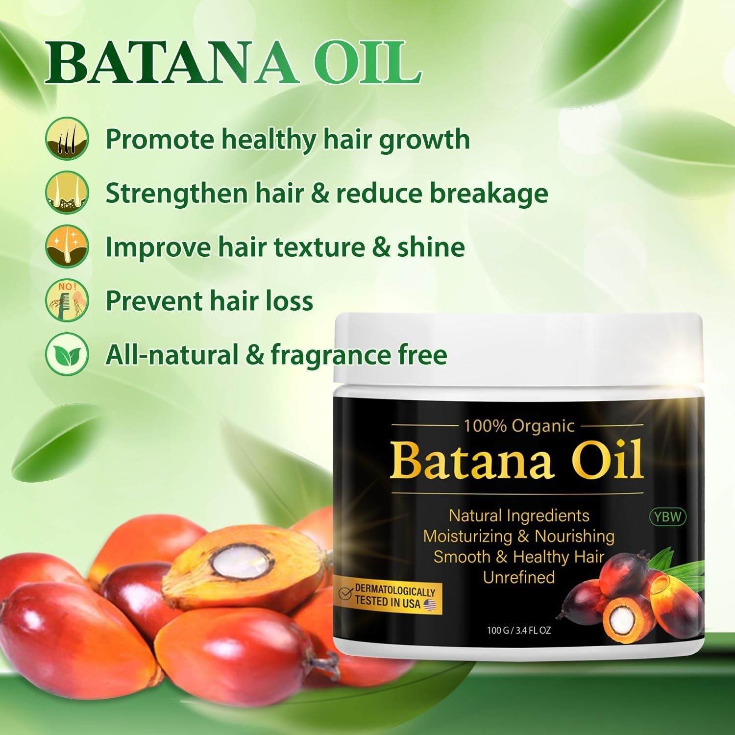 Jar of 100% organic Batana Oil for promoting healthy hair growth, strengthening hair, reducing breakage, improving texture and shine, preventing hair loss, made with all-natural ingredients and fragrance-free formula.