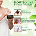 Woman holding Batana Oil jar with step-by-step hair treatment instructions including application, plastic cap, and shampoo rinse