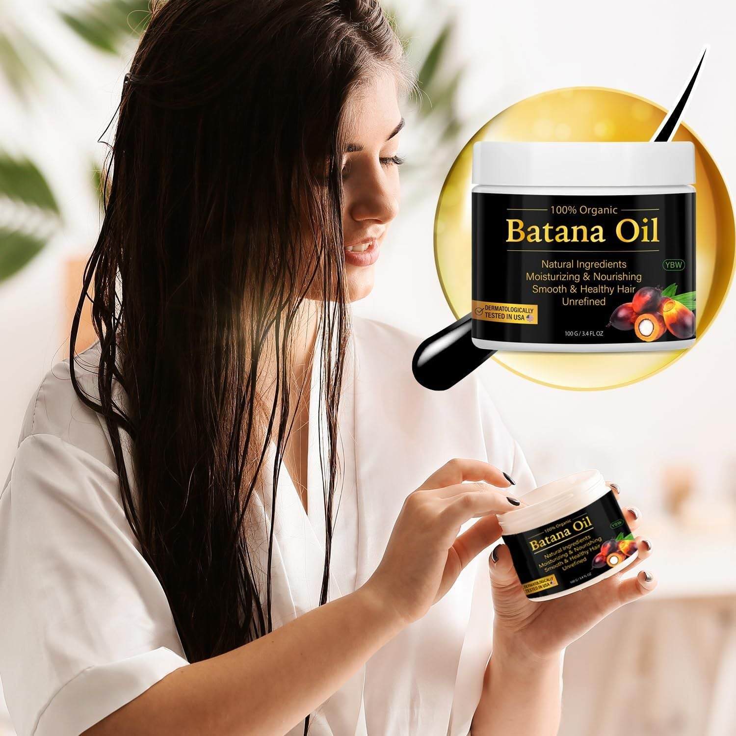 woman applying Batana Oil hair treatment for moisturizing and nourishing damaged hair with natural ingredients from Honduras container close-up