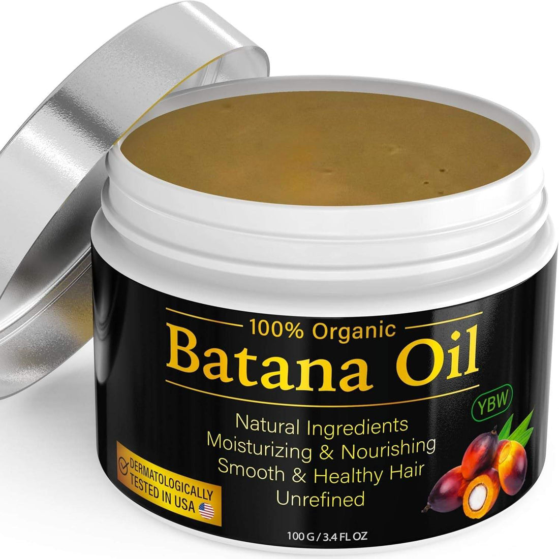 100% organic Batana Oil jar with natural moisturizing and nourishing ingredients for smooth and healthy hair, unrefined and dermatologically tested