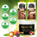 Batana Oil jar with natural ingredients icons and before and after hair growth and shine results images