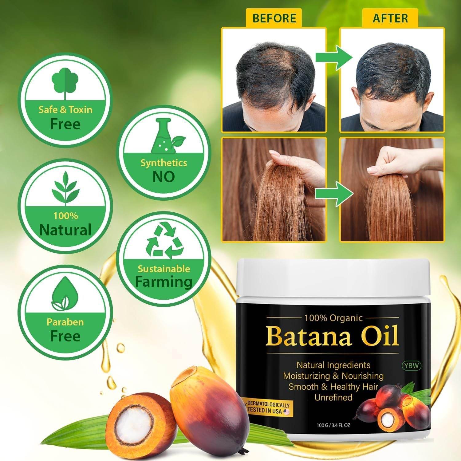 Batana Oil jar with natural ingredients icons and before and after hair growth and shine results images