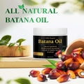 Jar of 100% organic all natural Batana Oil with palm fruit around it for moisturizing and nourishing hair care