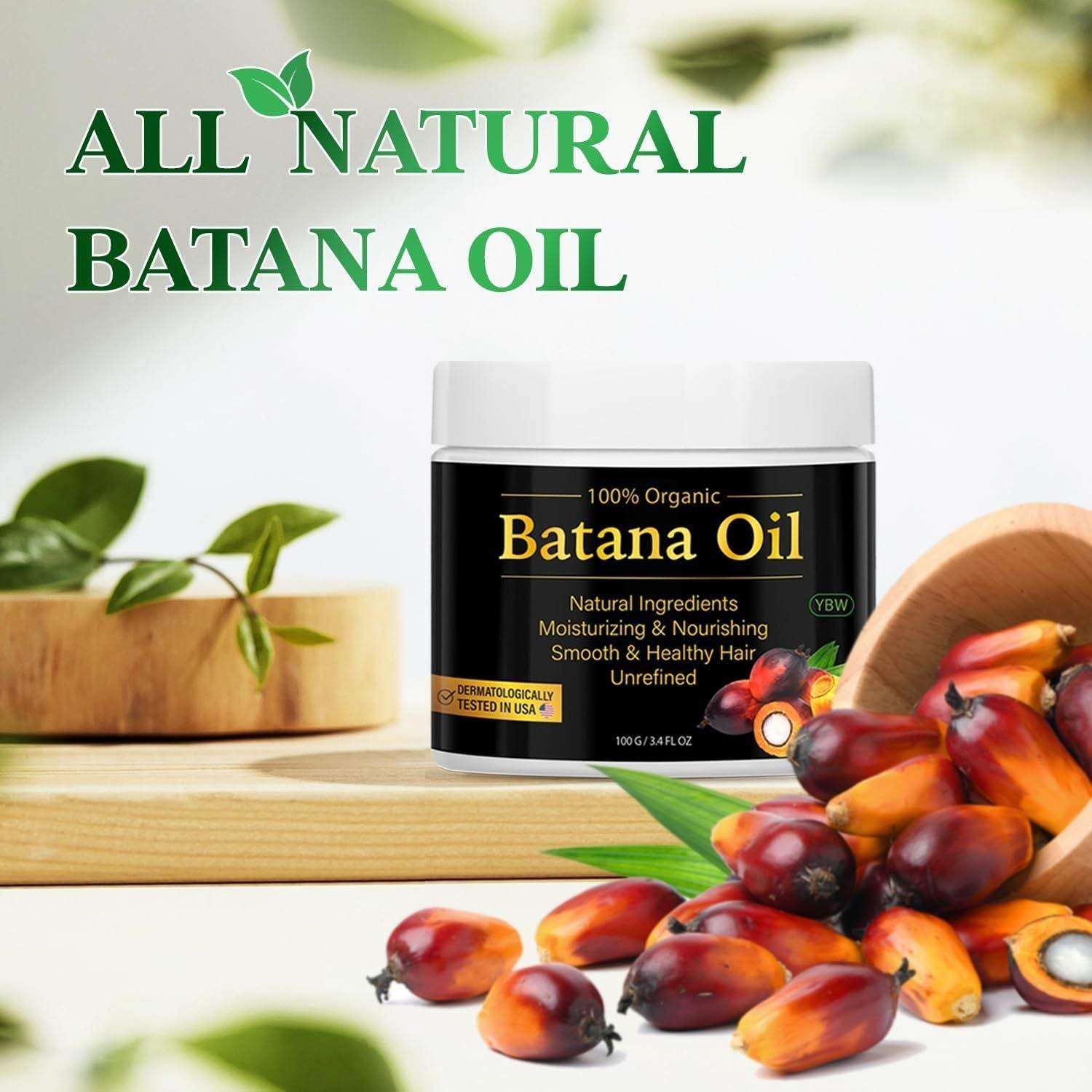 Jar of 100% organic all natural Batana Oil with palm fruit around it for moisturizing and nourishing hair care