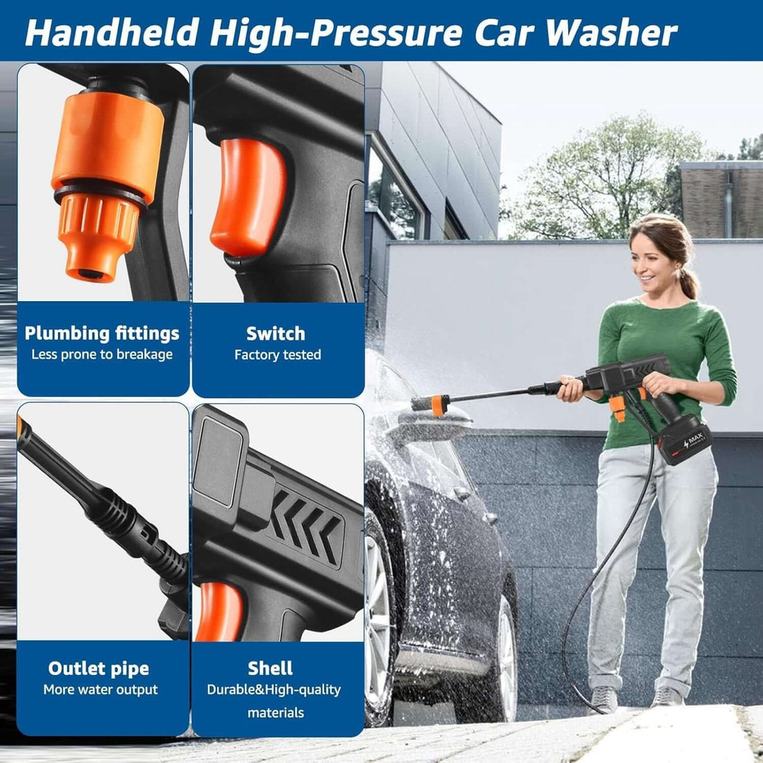 Woman using handheld High Pressure Water Gun washing a car with detailed close-ups of plumbing fittings, switch, outlet pipe, and durable shell components