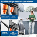 Woman using handheld High Pressure Water Gun washing a car with detailed close-ups of plumbing fittings, switch, outlet pipe, and durable shell components