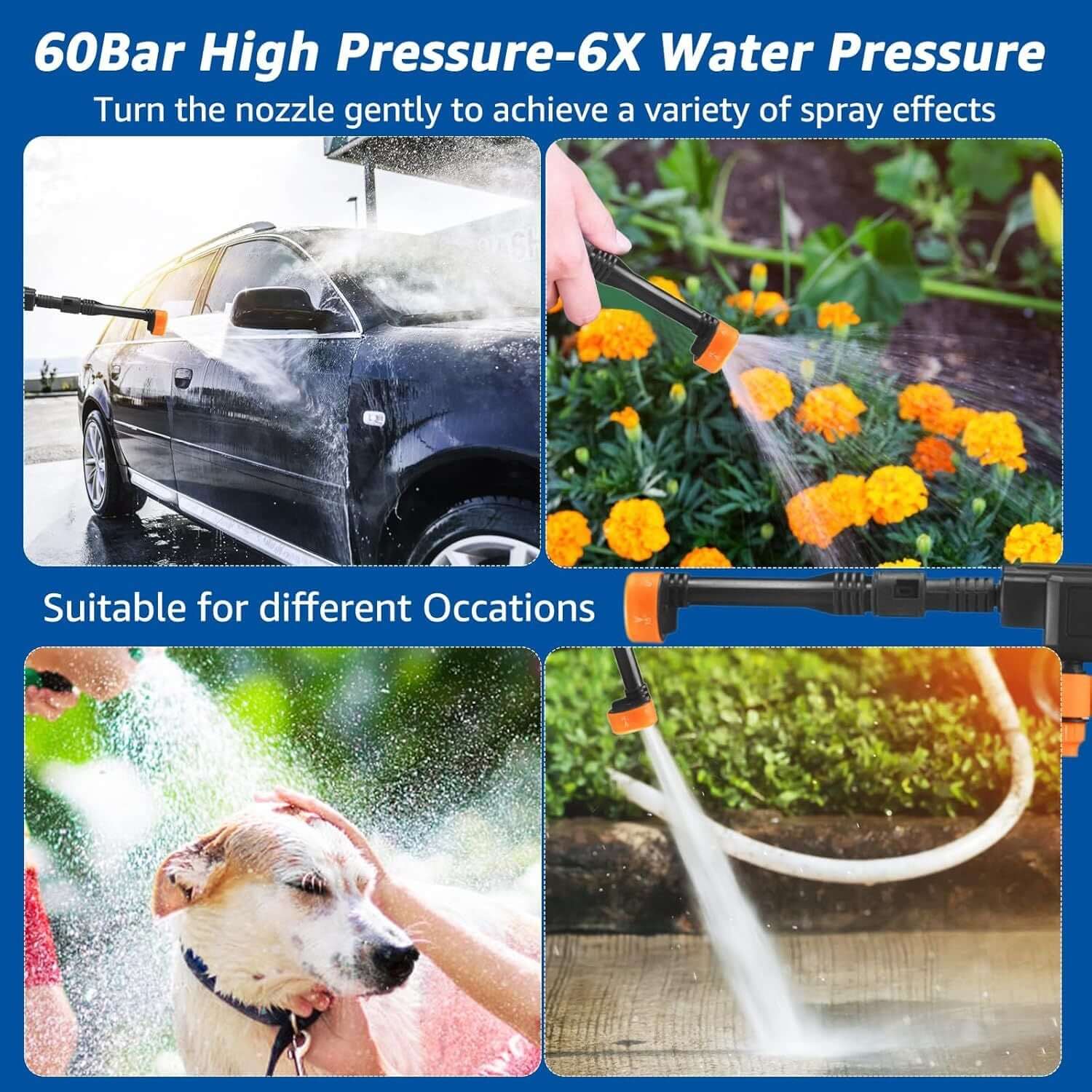 High pressure water cleaning gun with adjustable 6-mode nozzle for car washing, gardening, pet bathing, and floor cleaning