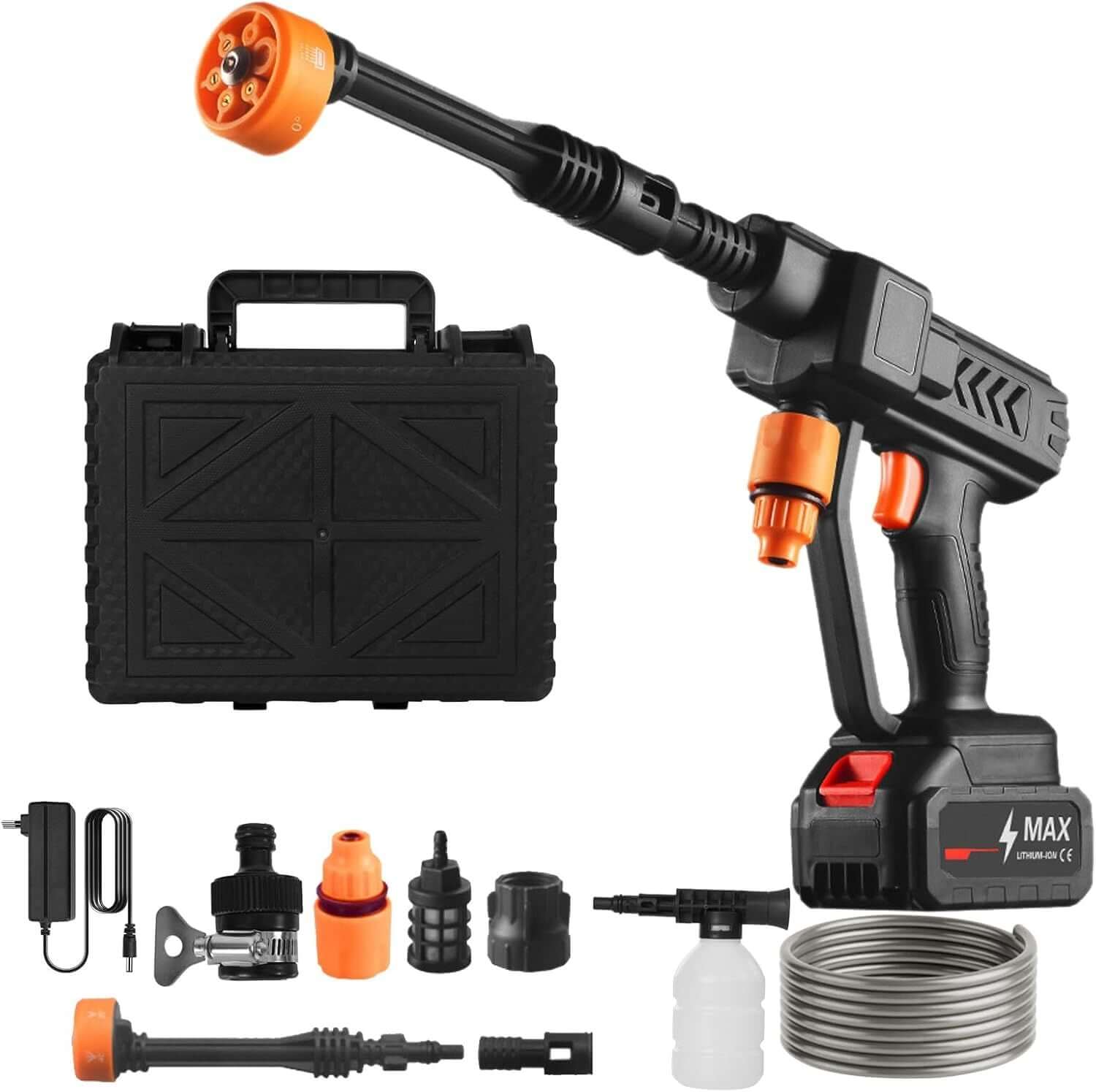 High pressure water cleaning gun with 6-in-1 adjustable nozzle, rechargeable batteries, and carrying toolbox with accessories