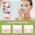 Woman applying LANBENA blackhead remover nose strip with before and after images and blackhead removal infographic
