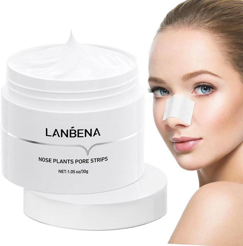 LANBENA cream for deep pore cleansing and blackhead removal with nose pore strips shown on woman’s face