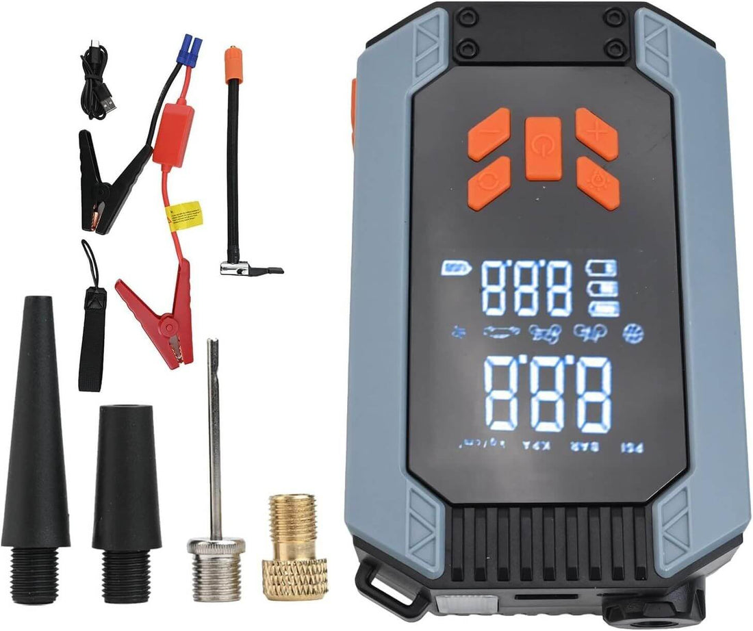 Portable 7200A car starter and air pump power bank with 150 PSI LCD display and accessory cables