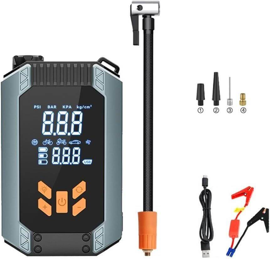 Portable 7200A car starter and air pump with LCD display, inflatable tire pump up to 150 PSI, includes charging cable and multiple nozzle adapters