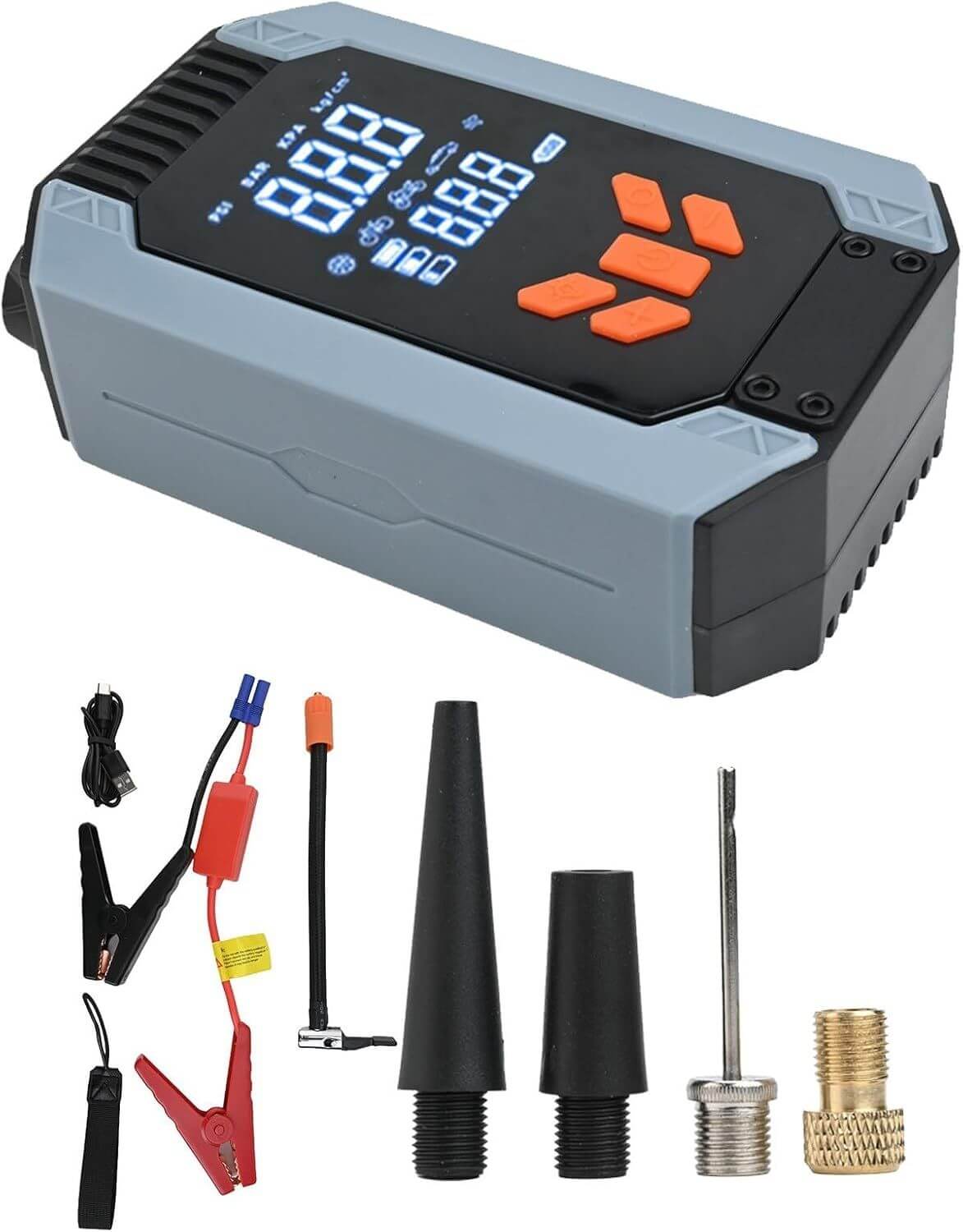 Portable 7200A car starter and air pump power bank with LCD display and tire inflation accessories