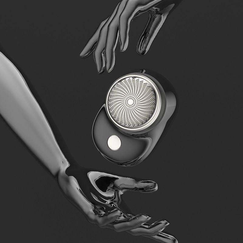 Compact portable mini electric shaver with brush motor, rechargeable, blue and black colors, 47x68mm size.