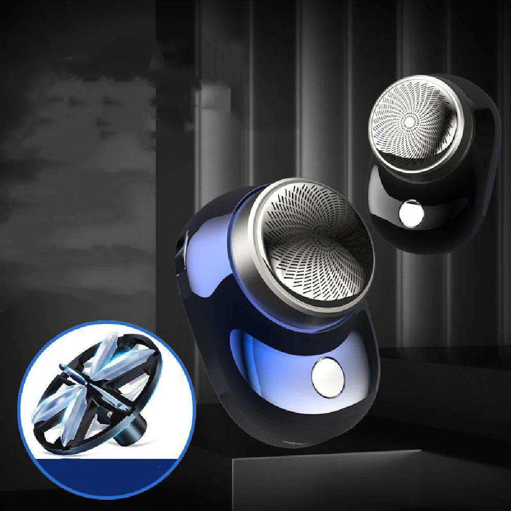 Compact portable mini electric shaver with brush motor, rechargeable, blue and black colors, 47x68mm size.