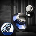 Compact portable mini electric shaver with brush motor, rechargeable, blue and black colors, 47x68mm size.
