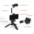 Smartphone and camera vlogging studio kit with U-shaped design, removable shoe mount, microphone, LED pocket lamp, mobile clip, and tripod for multi-angle filming and stability.