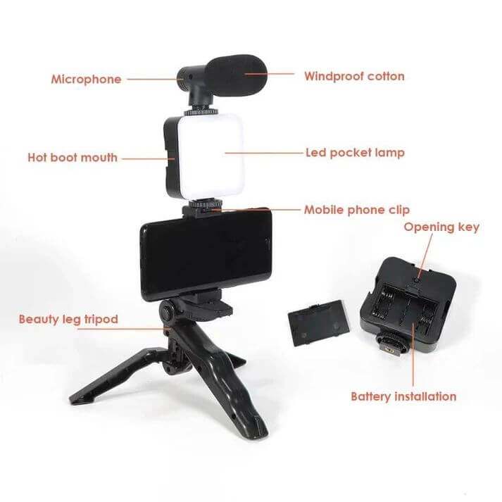 Smartphone and camera vlogging studio kit with U-shaped design, removable shoe mount, microphone, LED pocket lamp, mobile clip, and tripod for multi-angle filming and stability.