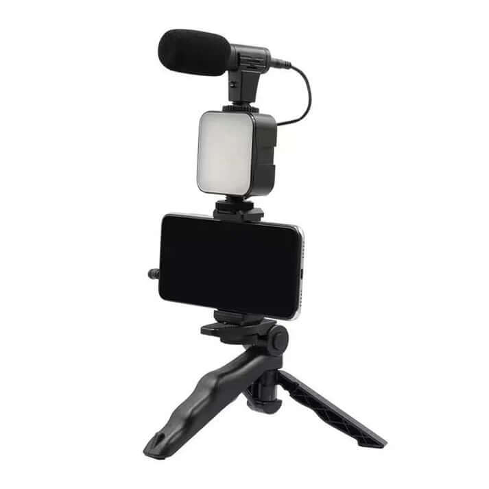 Compact smartphone and camera vlogging studio kit with U-shaped design, cold-shoe mount for microphone and light, anti-skid tripod, and ergonomic handle for stable multi-angle filming