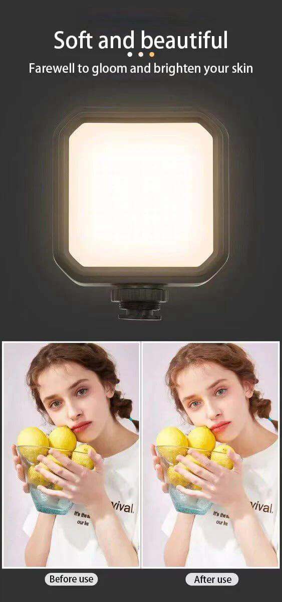 Compact square video light with cold-shoe mount for smartphone and camera vlogging studio kit