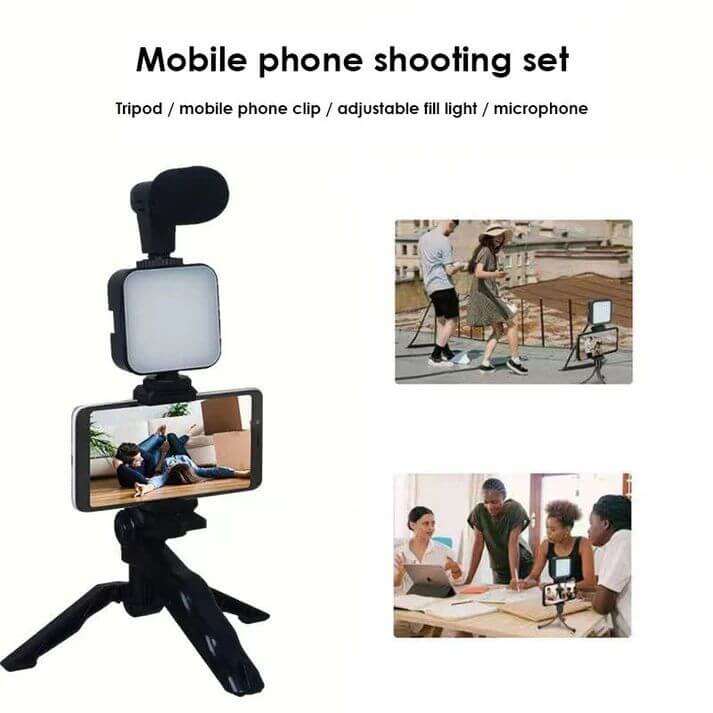 Smartphone and camera vlogging studio kit with tripod, adjustable fill light, microphone, and mobile phone clip for stable multi-angle filming