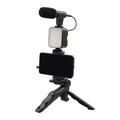Compact U-shaped smartphone and camera vlogging kit with microphone, video light, removable shoe mount, anti-skid feet, and ergonomic handle for stable multi-angle filming