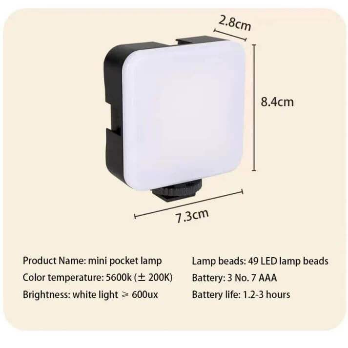 mini pocket lamp with 49 LED beads, 5600K color temperature, 600 lux brightness, powered by 3 AAA batteries, compact lighting accessory for vlogging studios