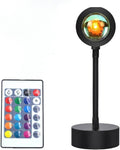 LED sunset projection lamp with adjustable height and 180-degree rotation, featuring multiple color options and remote control for artistic atmosphere lighting.