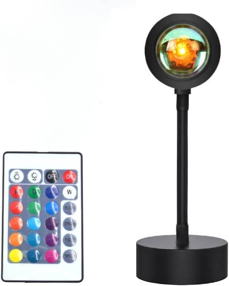 LED sunset projection lamp with adjustable height and 180-degree rotation, featuring multiple color options and remote control for artistic atmosphere lighting.