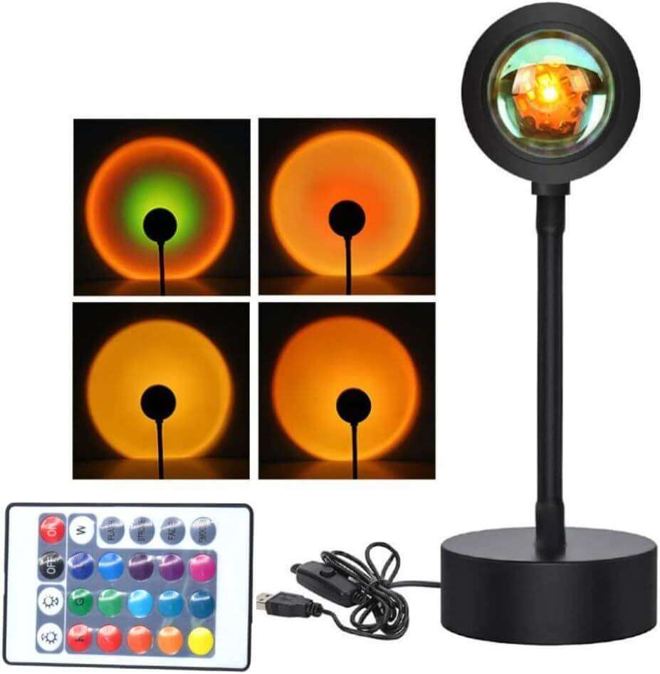 LED sunset projection lamp with adjustable height, 180-degree rotation, multiple color options, and remote control for artistic ambient lighting and photography.