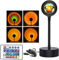 LED sunset projection lamp with adjustable height, 180-degree rotation, multiple color options, and remote control for artistic ambient lighting and photography.