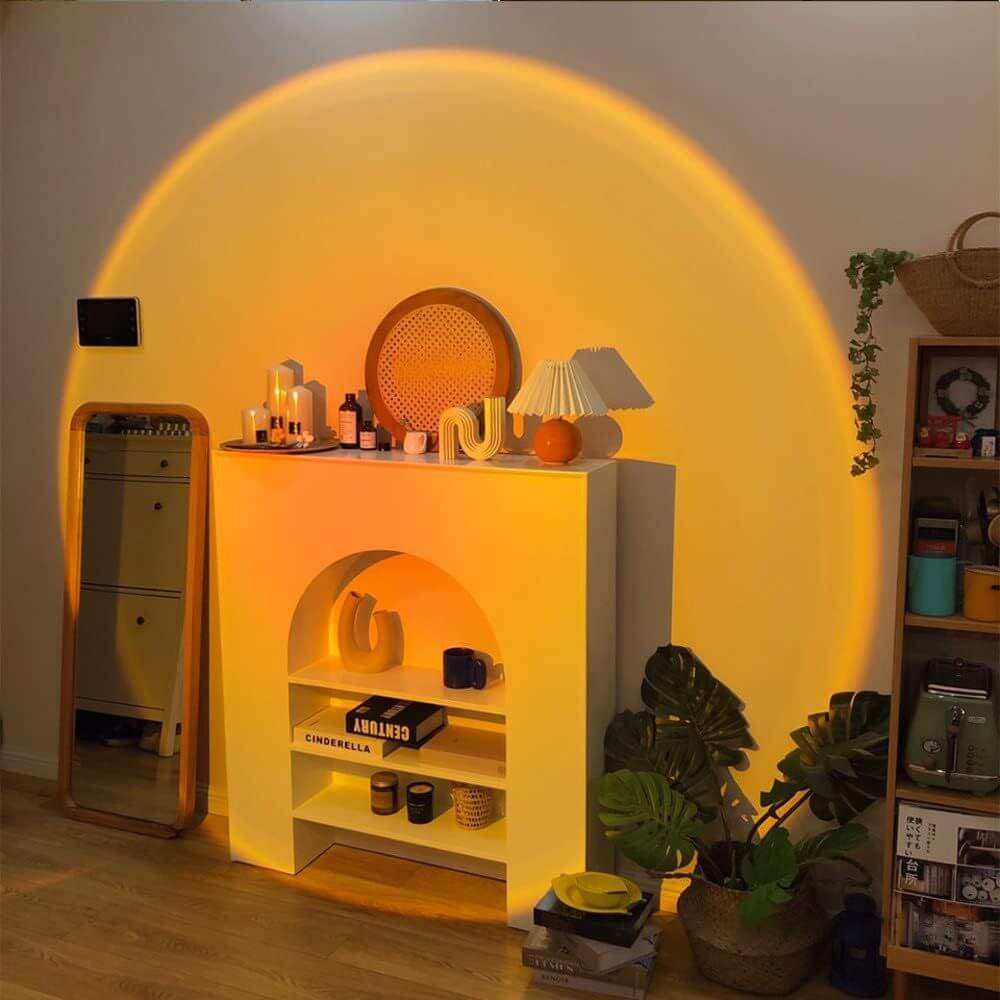 LED sunset projection lamp with adjustable height, 180-degree rotation, multiple color options, and remote control for artistic ambient lighting and photography.